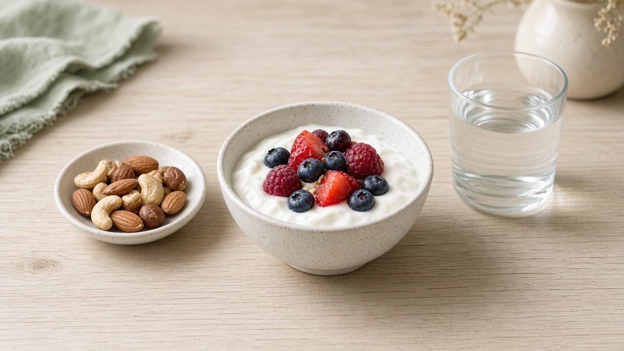 Yogurt with berries, mixed nuts, and a glass of water