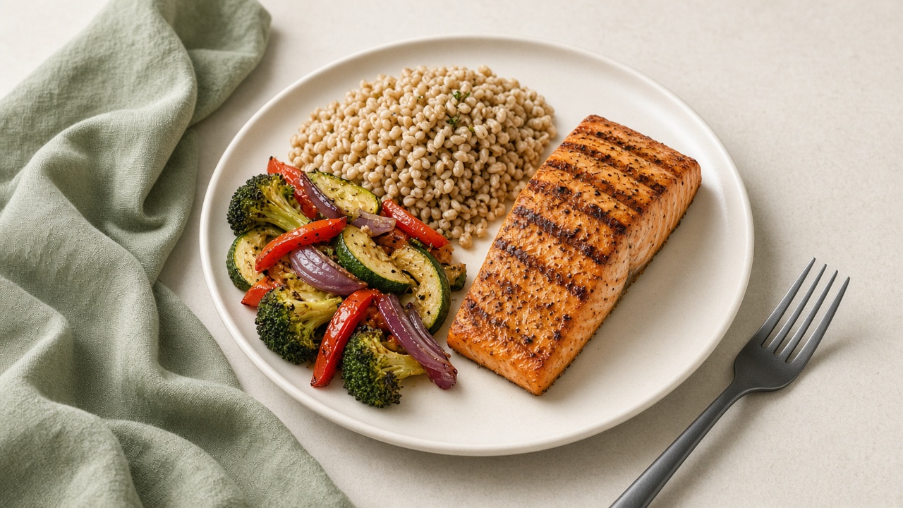 Grilled salmon with vegetables and grains on a plate