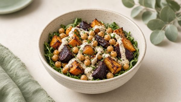 A plant-forward bowl with grains and vegetables