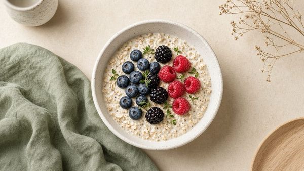 A bowl of oats topped with blueberries and raspberries