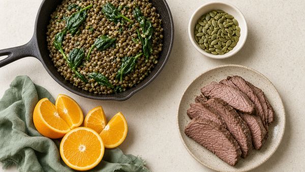 Iron-rich foods: lentils with spinach, sliced beef, pumpkin seeds and orange wedges