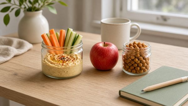 Desk snacks: hummus with carrot and cucumber sticks, an apple and roasted chickpeas