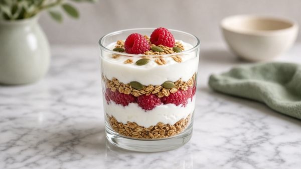 Tall glass of yogurt parfait layered with raspberries and granola