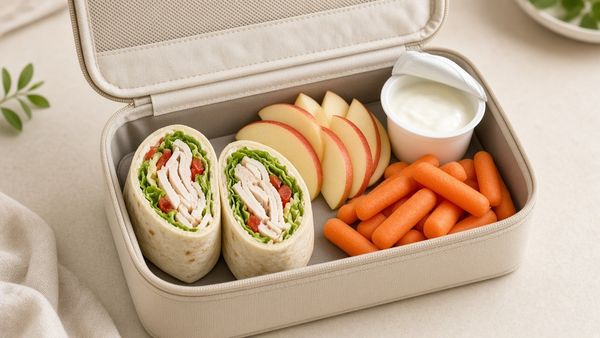 Open lunchbox with wraps apple slices carrots and yogurt