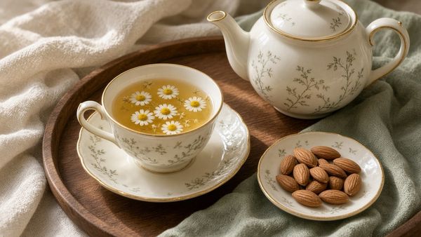 Chamomile tea cup and teapot on a wooden tray with almonds