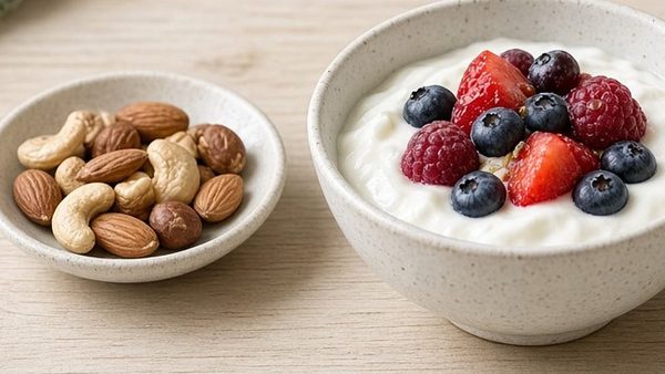 A bowl of yogurt with berries beside a small bowl of mixed nuts