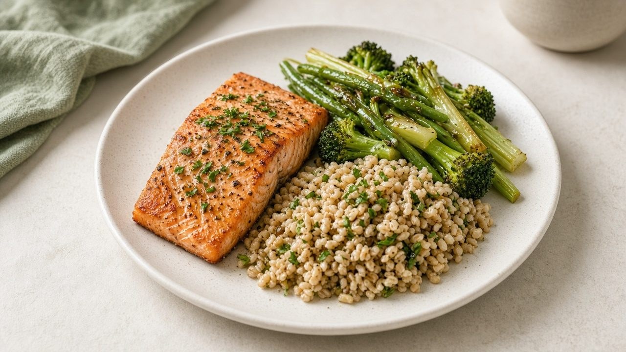 Salmon with a whole grain and roasted green vegetables on a cream plate