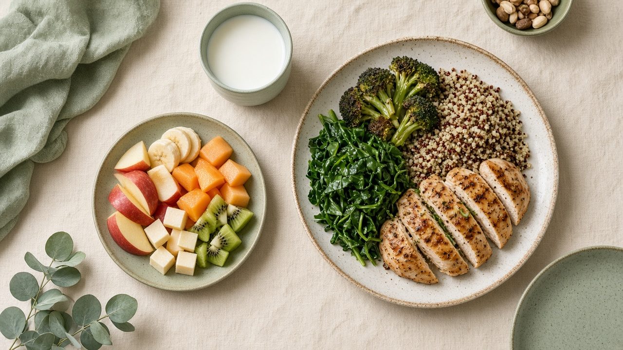 Family table with a child's fruit and cheese plate and an adult plate of chicken, quinoa and greens