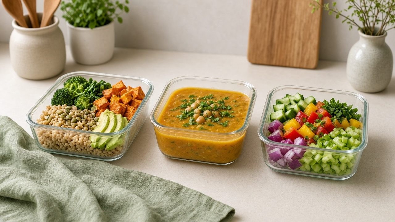 Meal-prep containers with grains and vegetables