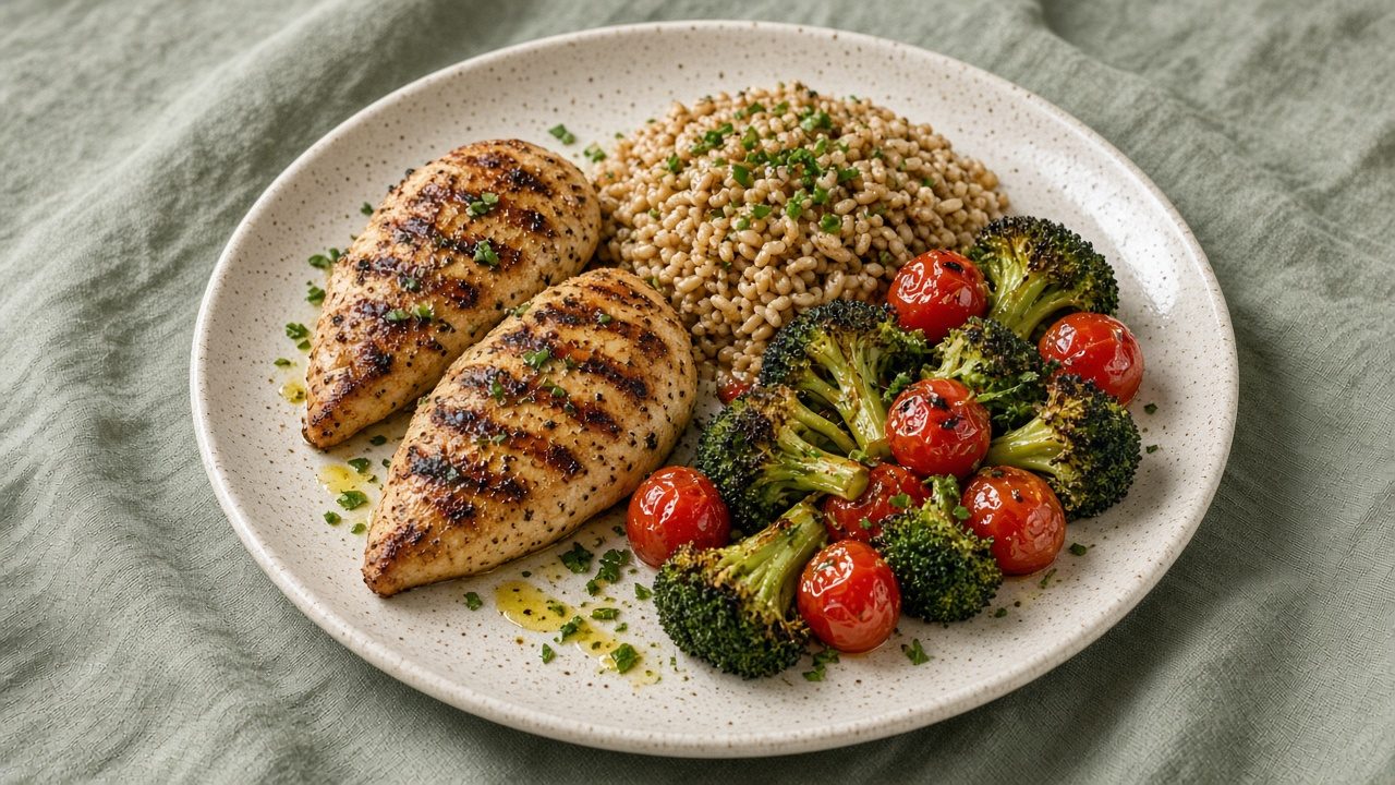 Balanced plate of grilled chicken, farro, roasted broccoli and cherry tomatoes