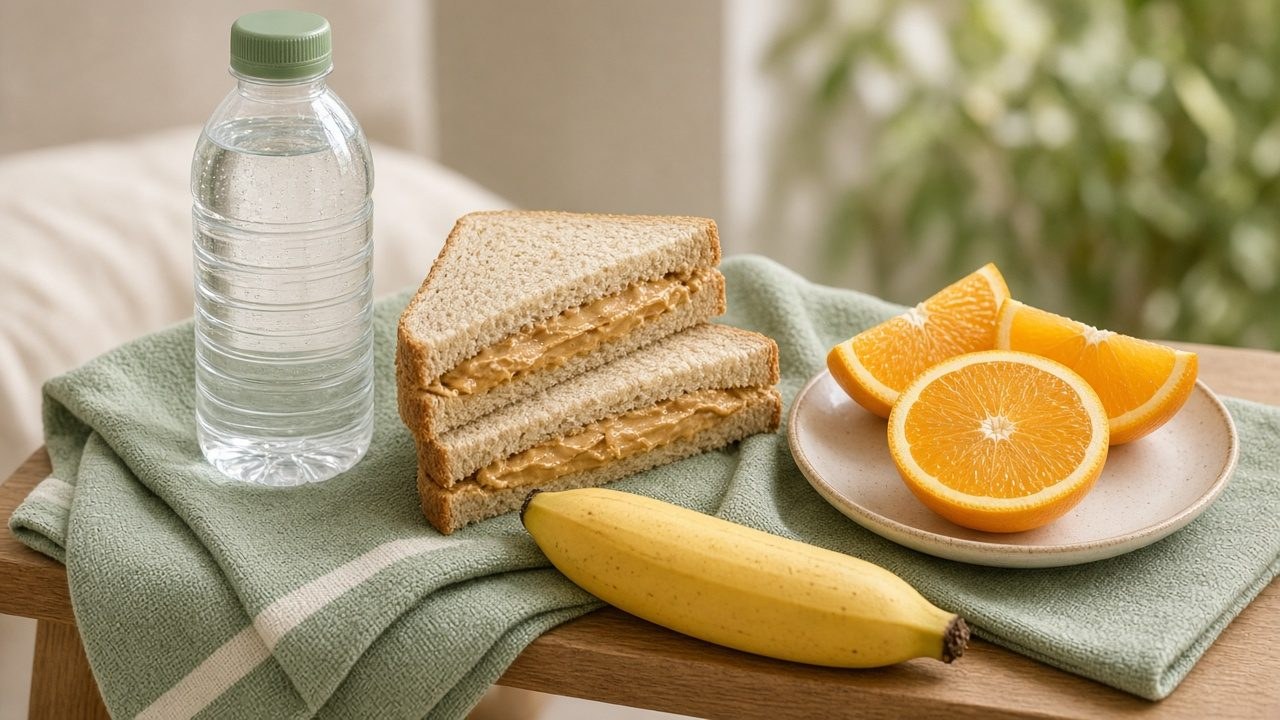 A sandwich, banana, orange slices, and a water bottle on a table