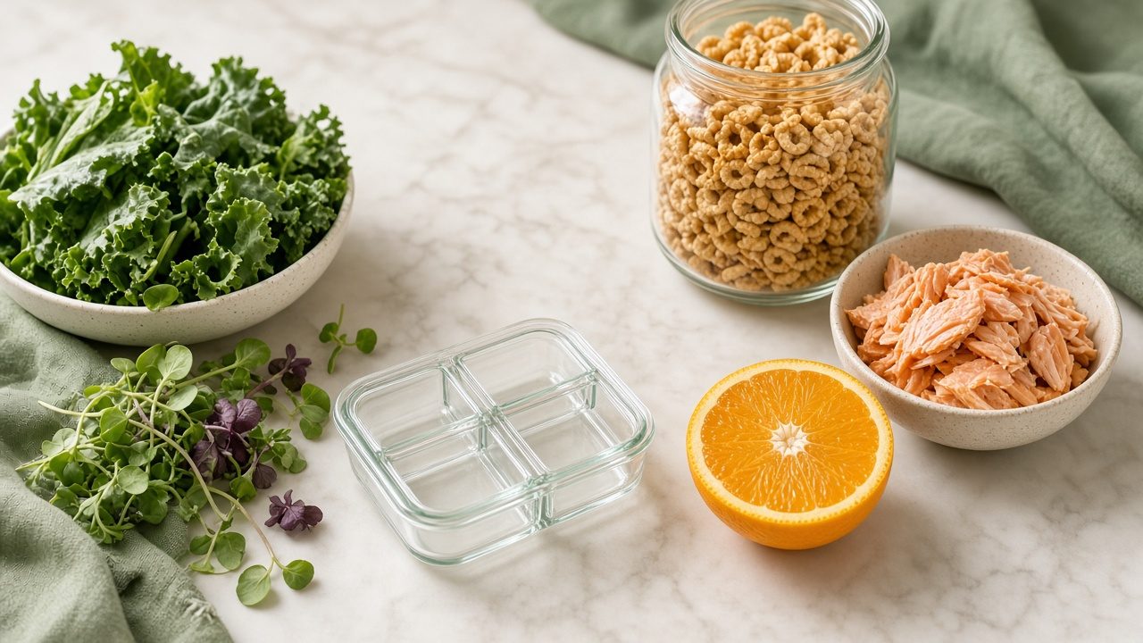 Kale, salmon, fortified cereal and an orange beside an empty pill organizer