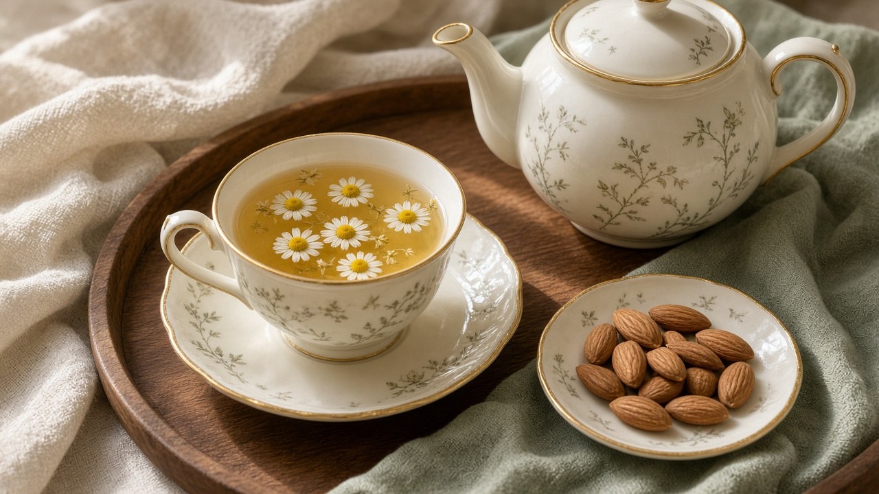 Chamomile tea cup and teapot on a wooden tray with almonds