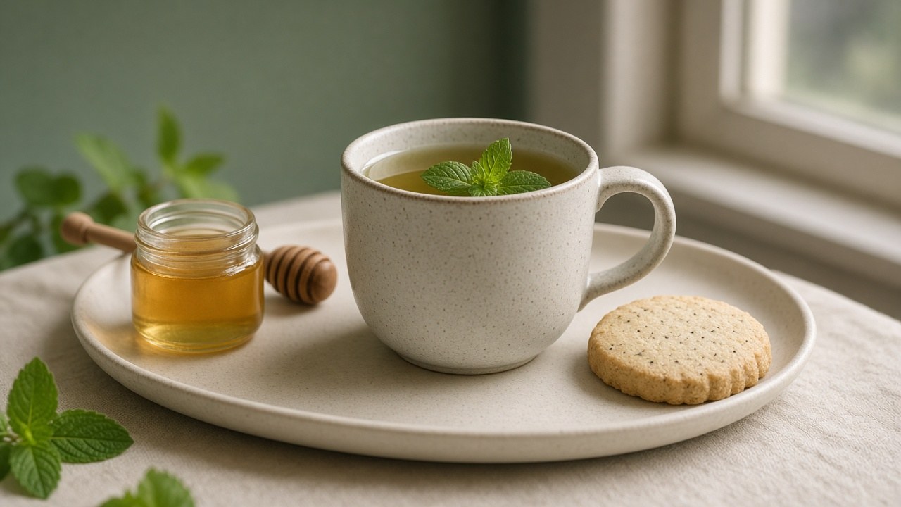Mint tea mug with honey jar and shortbread on a cream tray