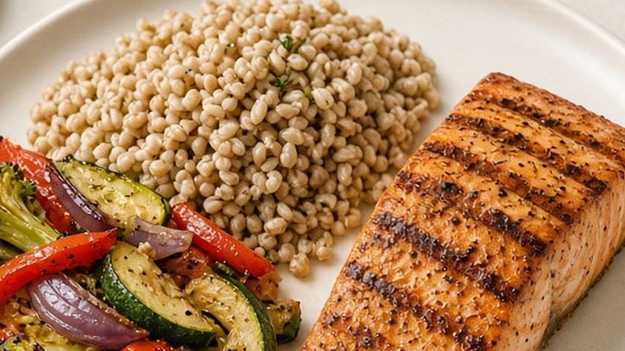 Grilled salmon with a whole grain and roasted vegetables on a cream plate