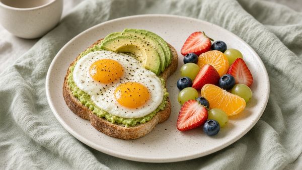 Eggs, avocado toast, and fruit for a protein-forward meal